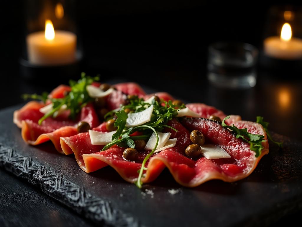 Thinly sliced beef carpaccio with capers, parmesan and arugula
