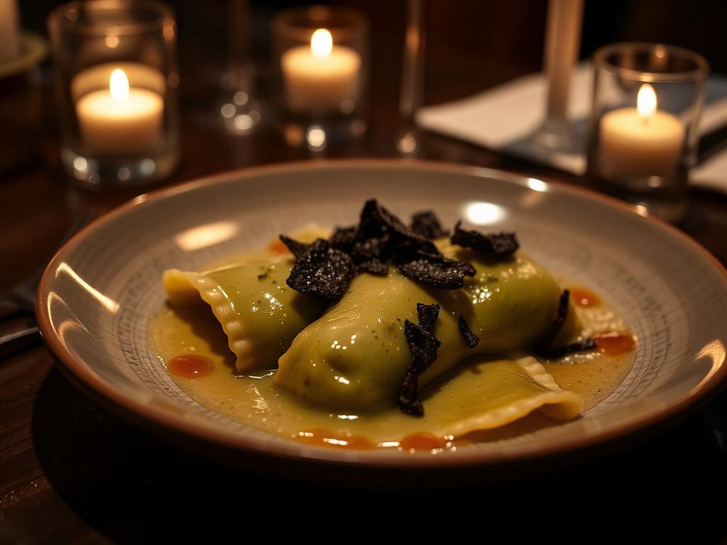 Spinach ravioli with shaved black truffle and brown butter
