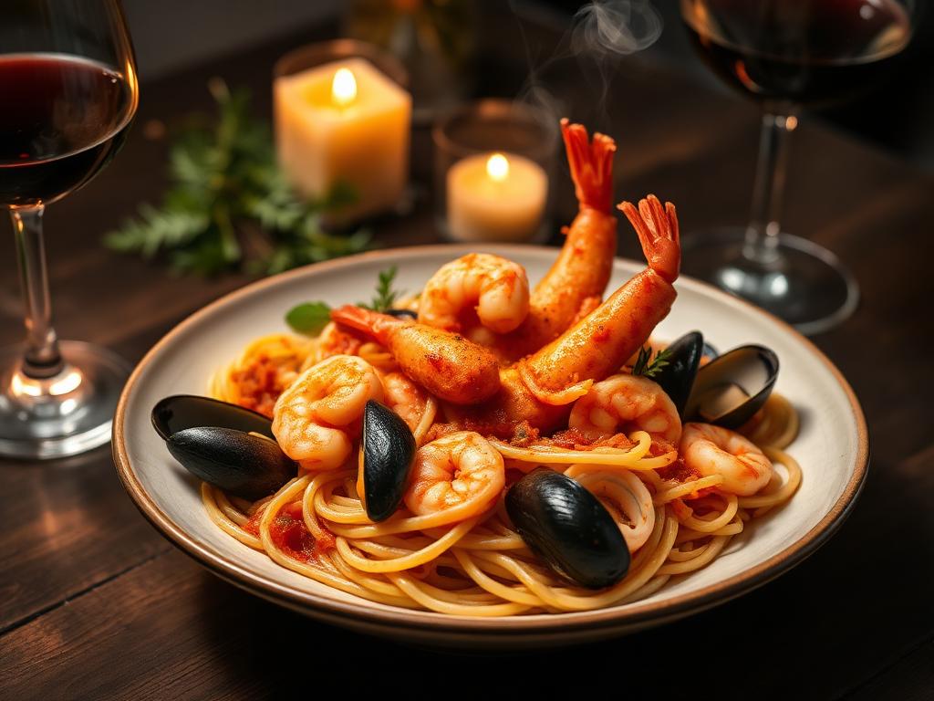 Seafood linguine with shrimp and mussels in marinara
