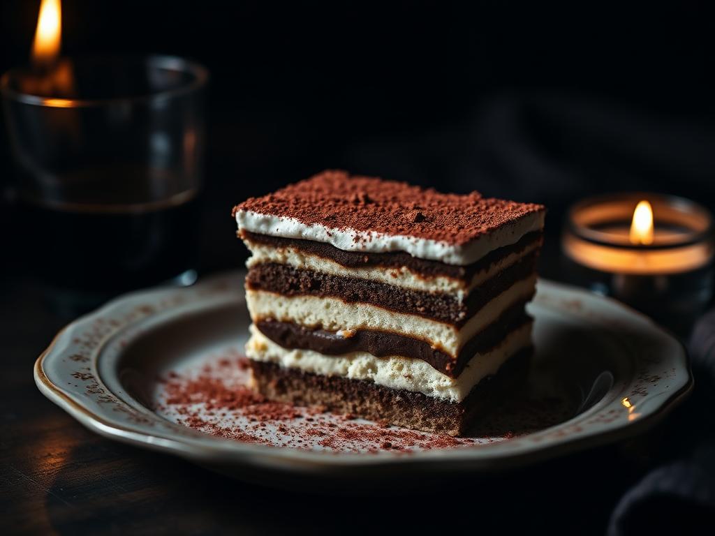 Layered tiramisu dusted with cocoa